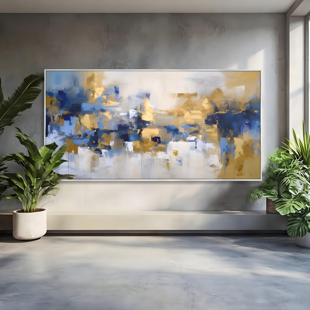 Tablou canvas cu tablou abstract cu pete aurii si albastre, in rama de aluminiu argintiu
